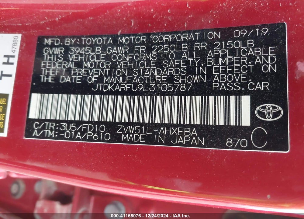 2020 TOYOTA PRIUS VIN: JTDKARFU9L3105787