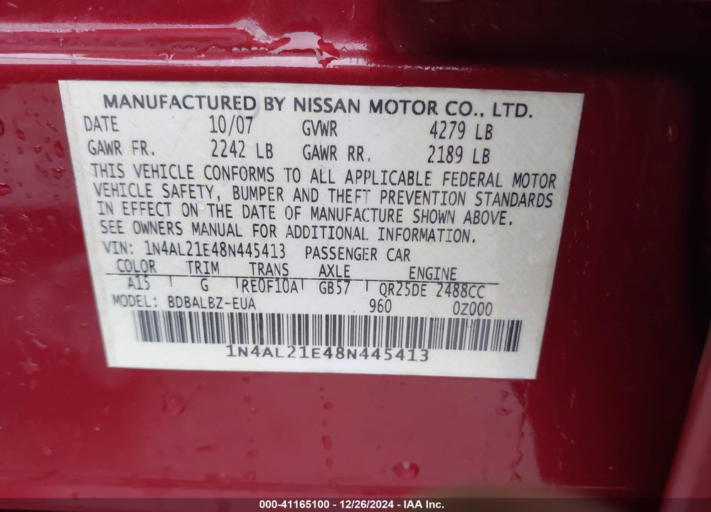 2008 NISSAN ALTIMA 2.5 S VIN: 1N4AL21E48N445413