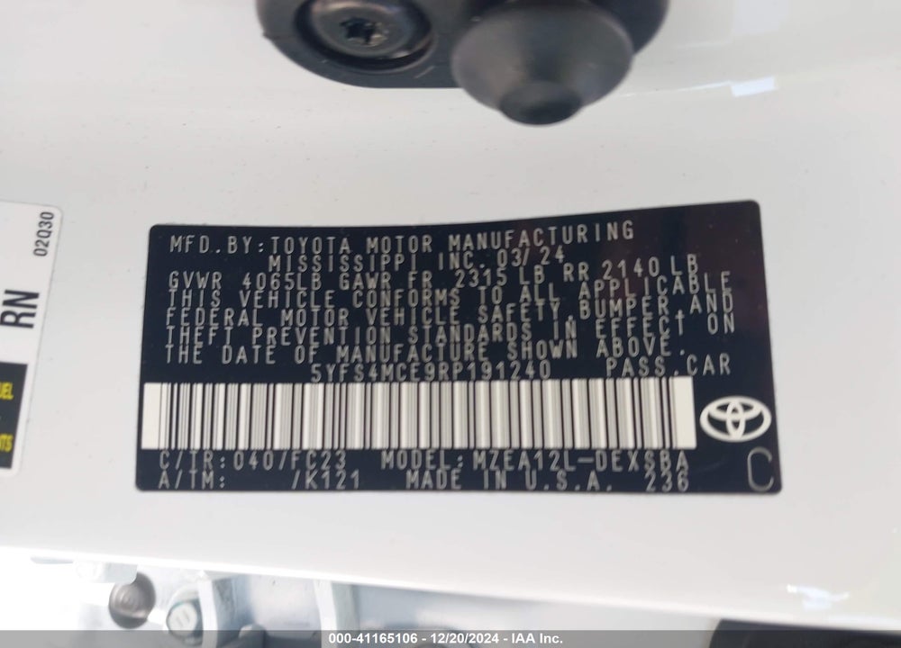 2024 TOYOTA COROLLA VIN: 5YFS4MCE9RP191240