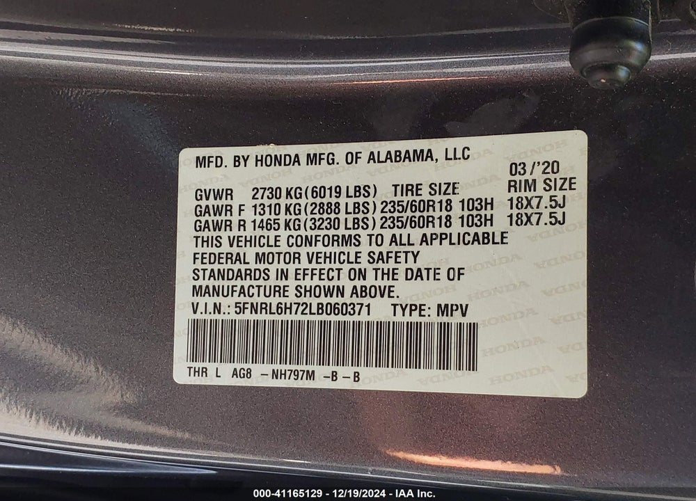 2020 HONDA ODYSSEY EX-L/EX-L W/NAVI RES VIN: 5FNRL6H72LB060371