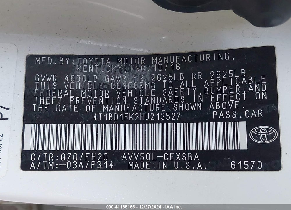 2017 TOYOTA CAMRY HYBRID VIN: 4T1BD1FK2HU213527