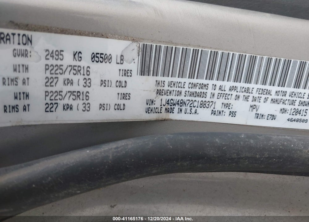 2002 JEEP GRAND CHEROKEE LAREDO VIN: 1J4GW48N72C188371