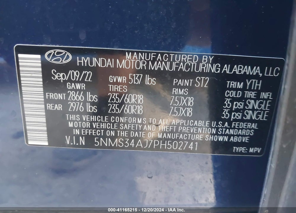 2023 HYUNDAI SANTA FE SEL VIN: 5NMS34AJ7PH502741