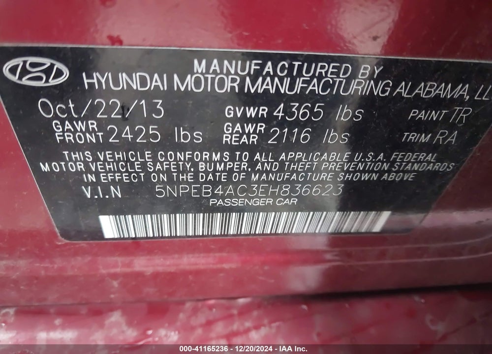 2014 HYUNDAI SONATA GLS VIN: 5NPEB4AC3EH836623