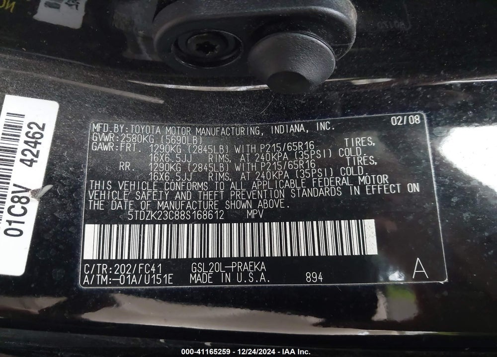 2008 TOYOTA SIENNA LE VIN: 5TDZK23C88S168612