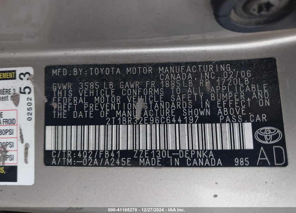 2006 TOYOTA COROLLA LE VIN: 2T1BR32E96C644197