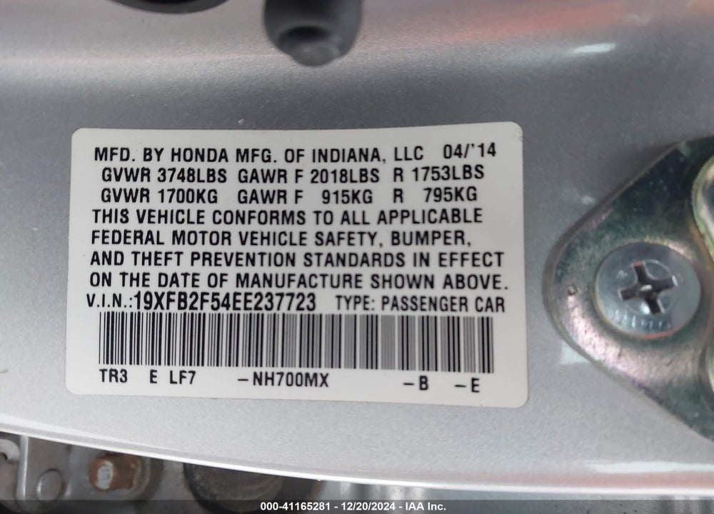 2014 HONDA CIVIC LX VIN: 19XFB2F54EE237723