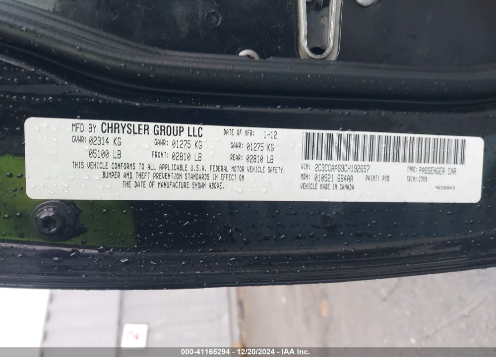 2012 CHRYSLER 300 VIN: 2C3CCAAG9CH192657