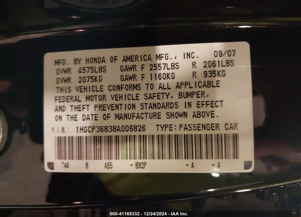 2008 HONDA ACCORD 3.5 EX-L VIN: 1HGCP36838A006826