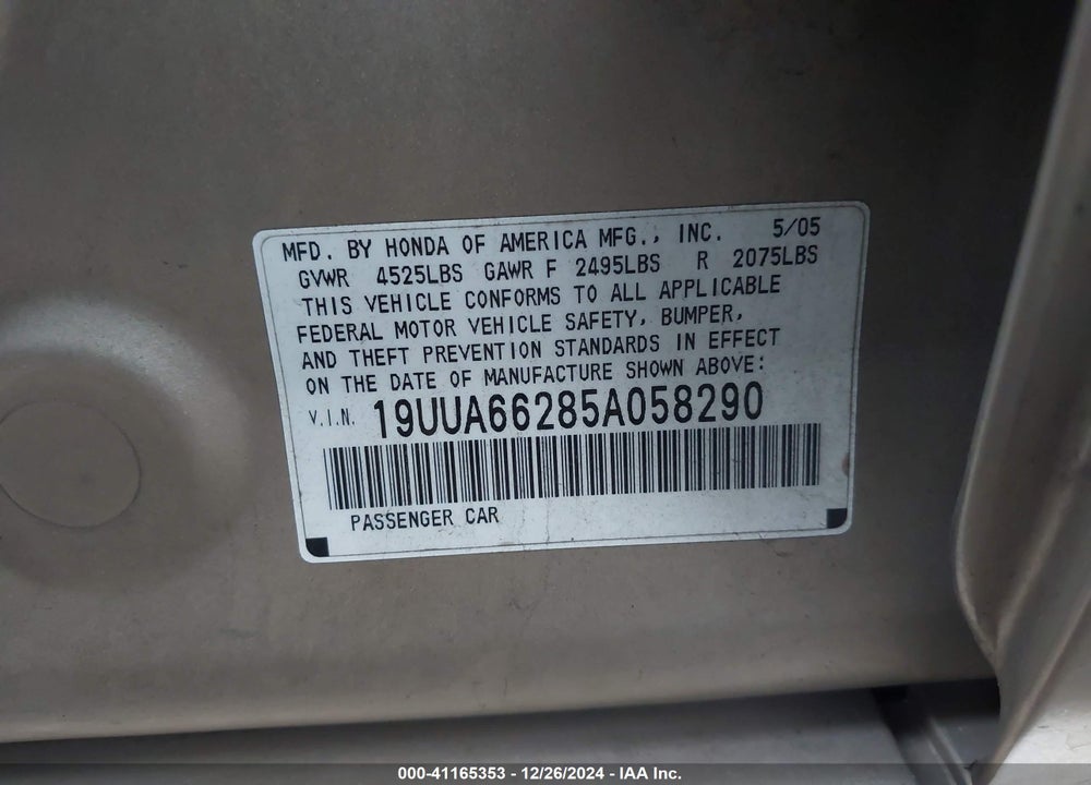 2005 ACURA TL VIN: 19UUA66285A058290