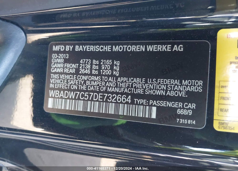 2013 BMW 328I VIN: WBADW7C57DE732664