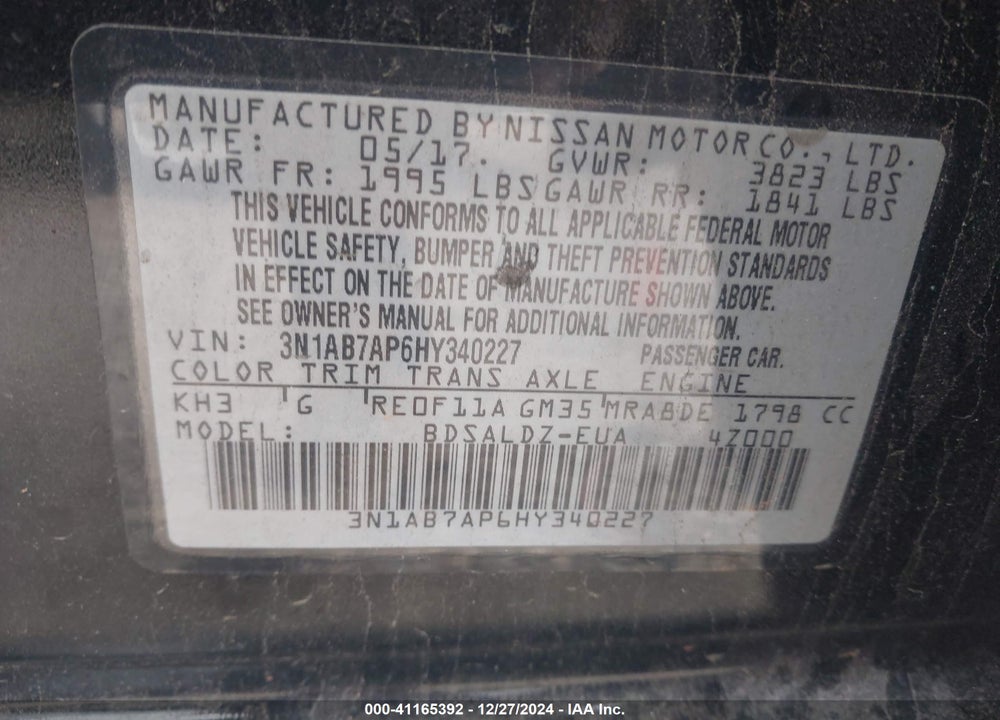 2017 NISSAN SENTRA VIN: 3N1AB7AP6HY340227