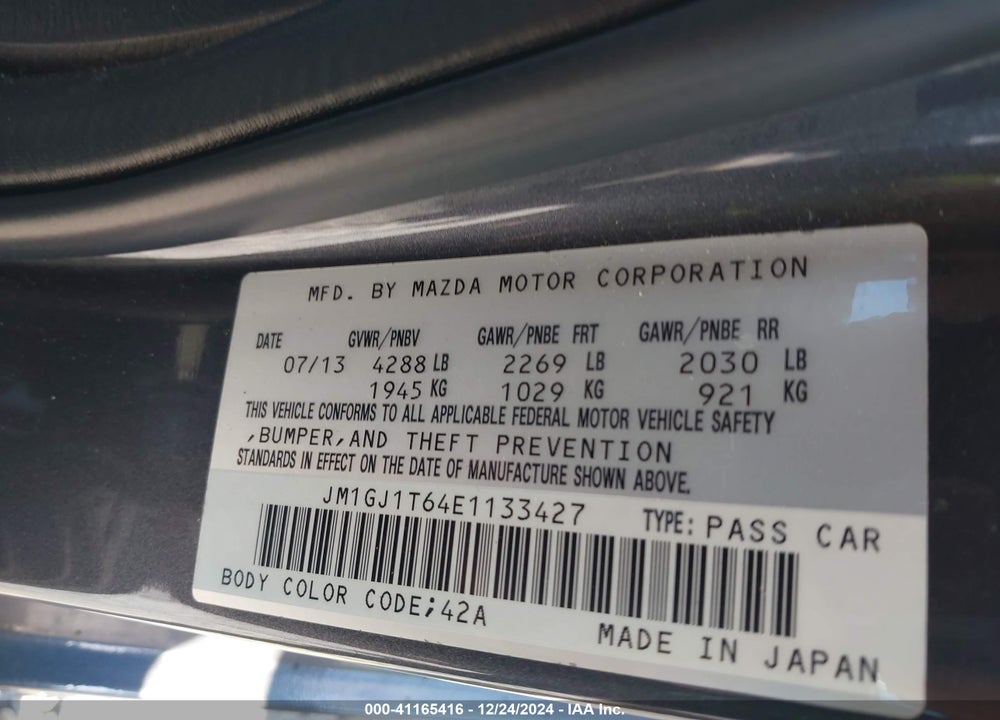 2014 MAZDA MAZDA6 VIN: JM1GJ1T64E1133427