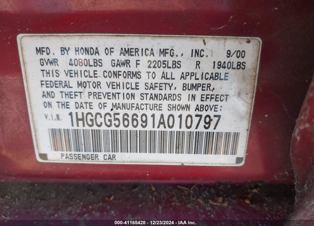 2001 HONDA ACCORD 2.3 EX VIN: 1HGCG56691A010797