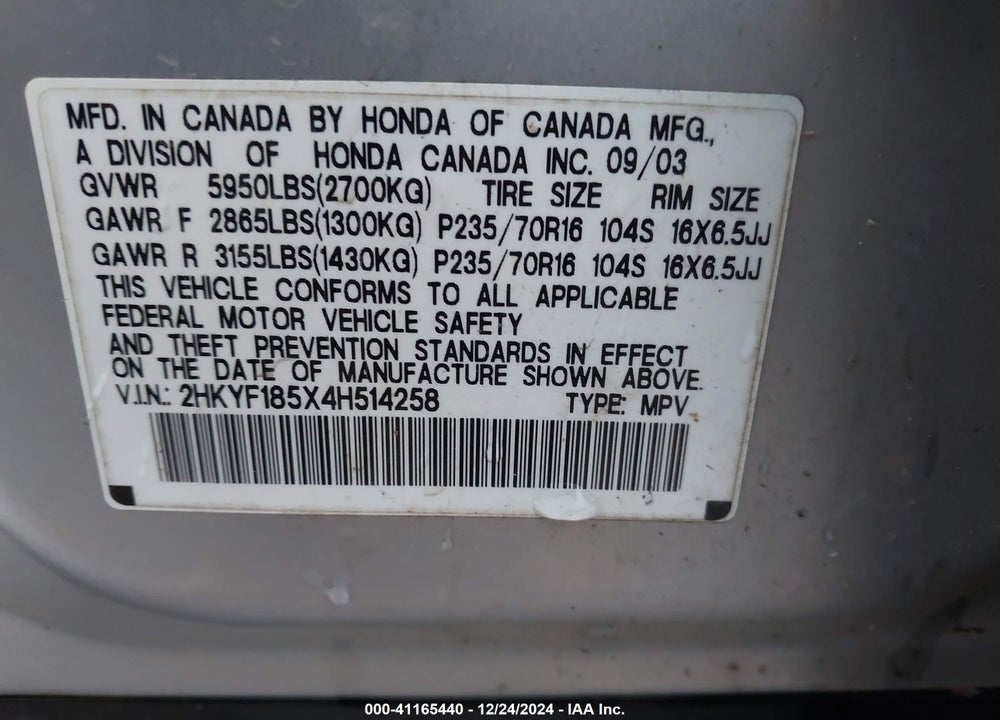 2004 HONDA PILOT EX-L VIN: 2HKYF185X4H514258