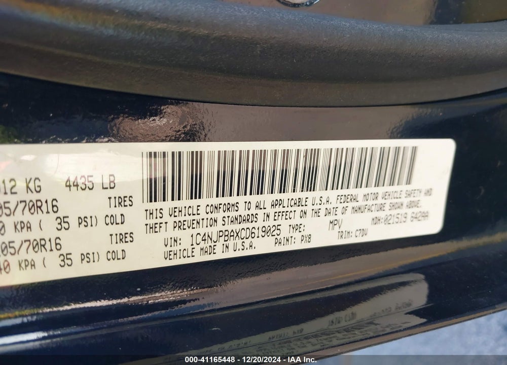 2012 JEEP PATRIOT VIN: 1C4NJPBAXCD619025