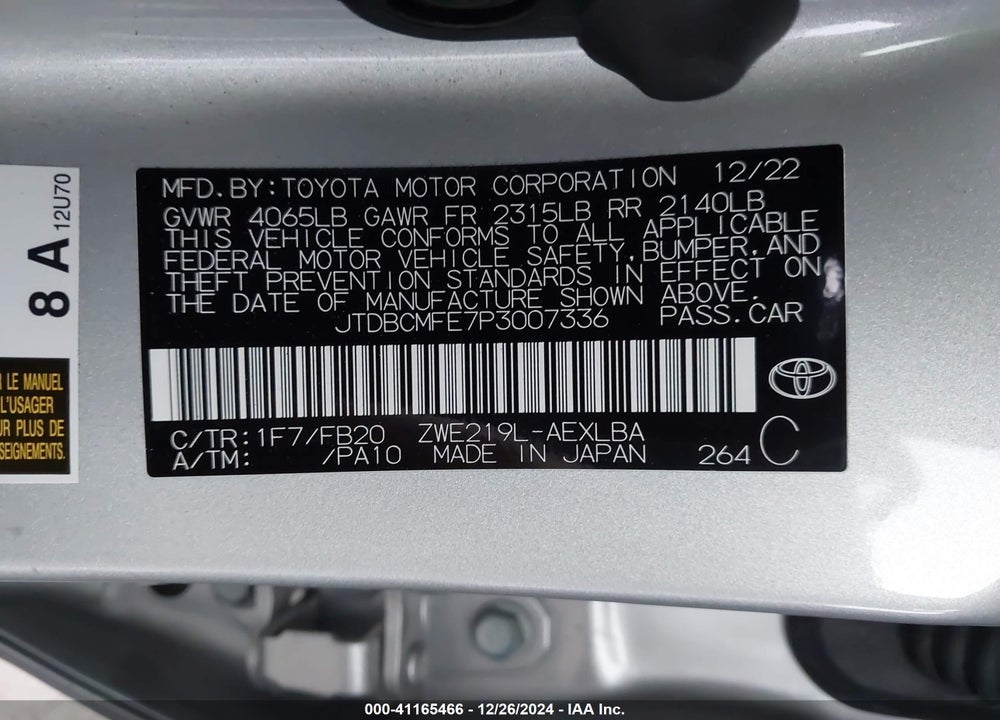 2023 TOYOTA COROLLA HYBRID LE VIN: JTDBCMFE7P3007336