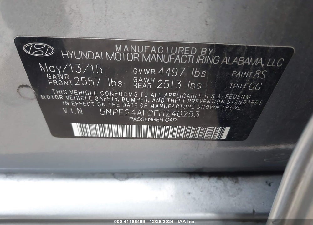2015 HYUNDAI SONATA VIN: 5NPE24AF2FH240253
