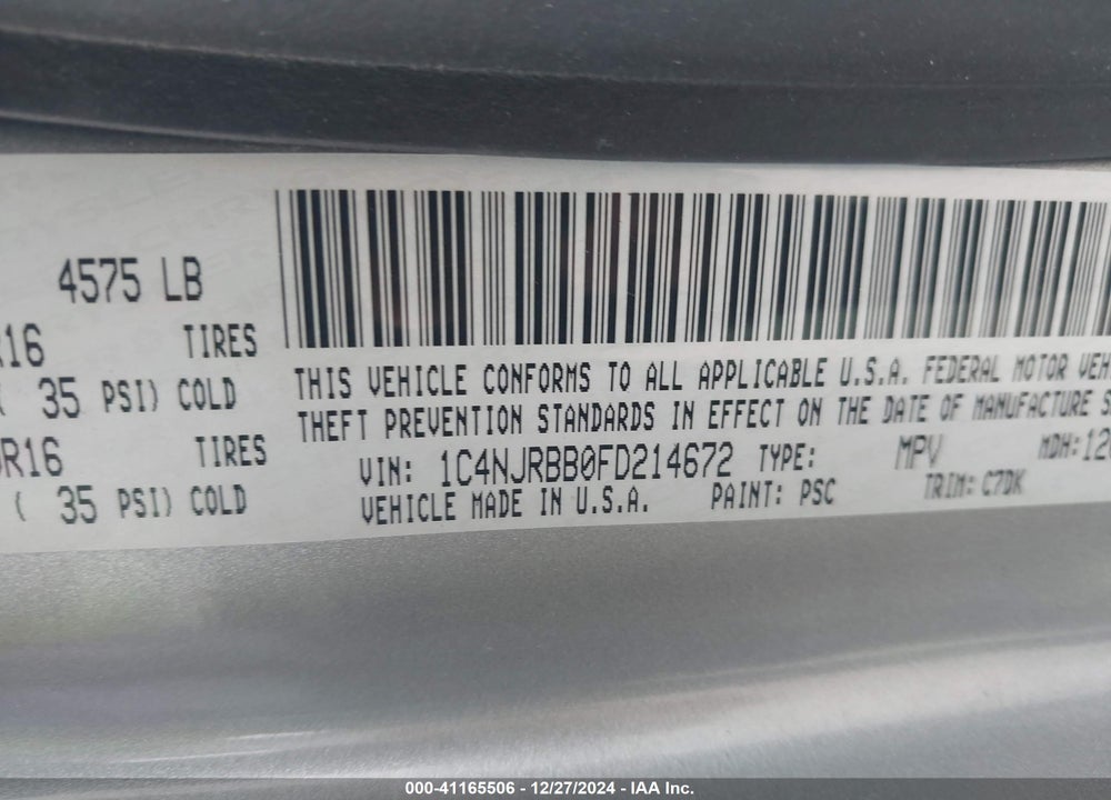 2015 JEEP PATRIOT SPORT VIN: 1C4NJRBB0FD214672