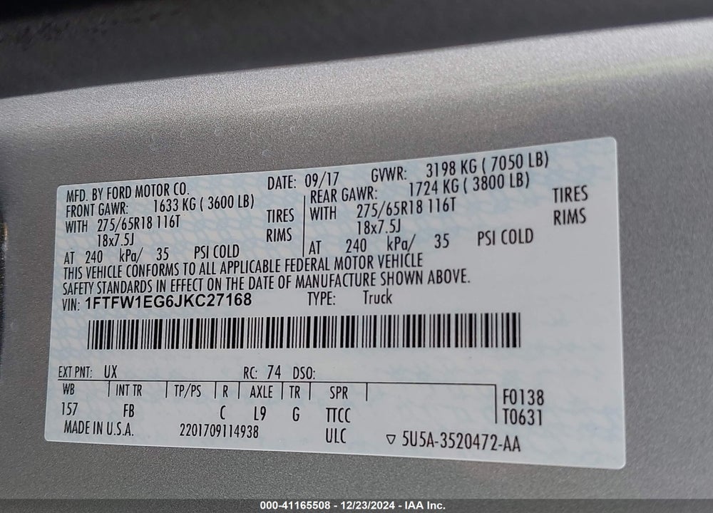 2018 FORD F-150 XLT VIN: 1FTFW1EG6JKC27168
