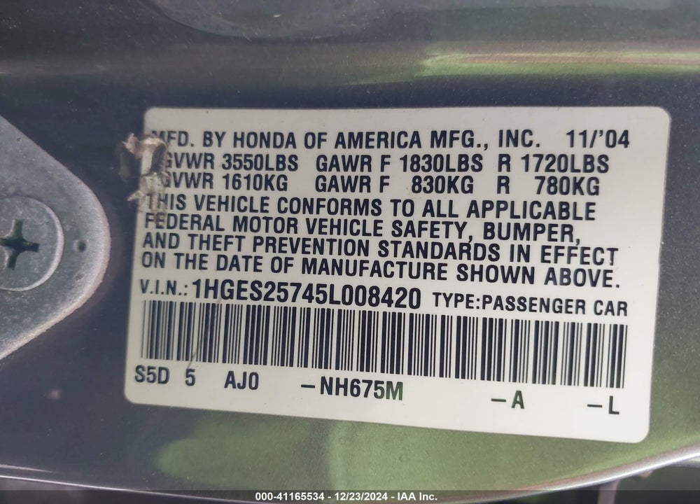 2005 HONDA CIVIC EX VIN: 1HGES25745L008420