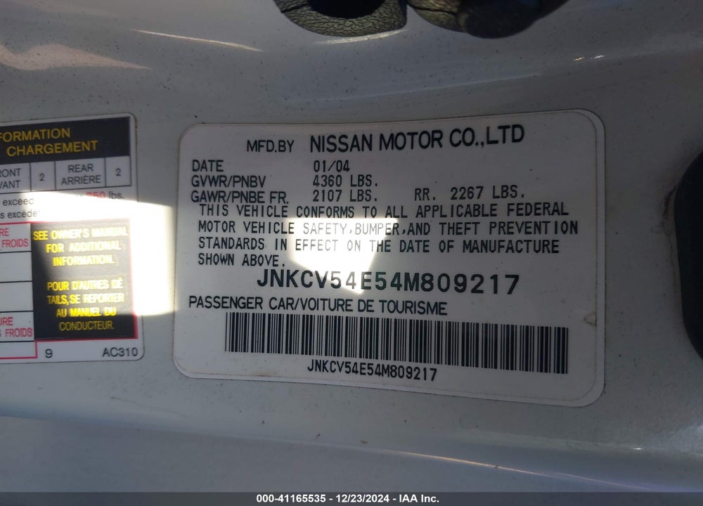 2004 INFINITI G35 VIN: JNKCV54E54M809217