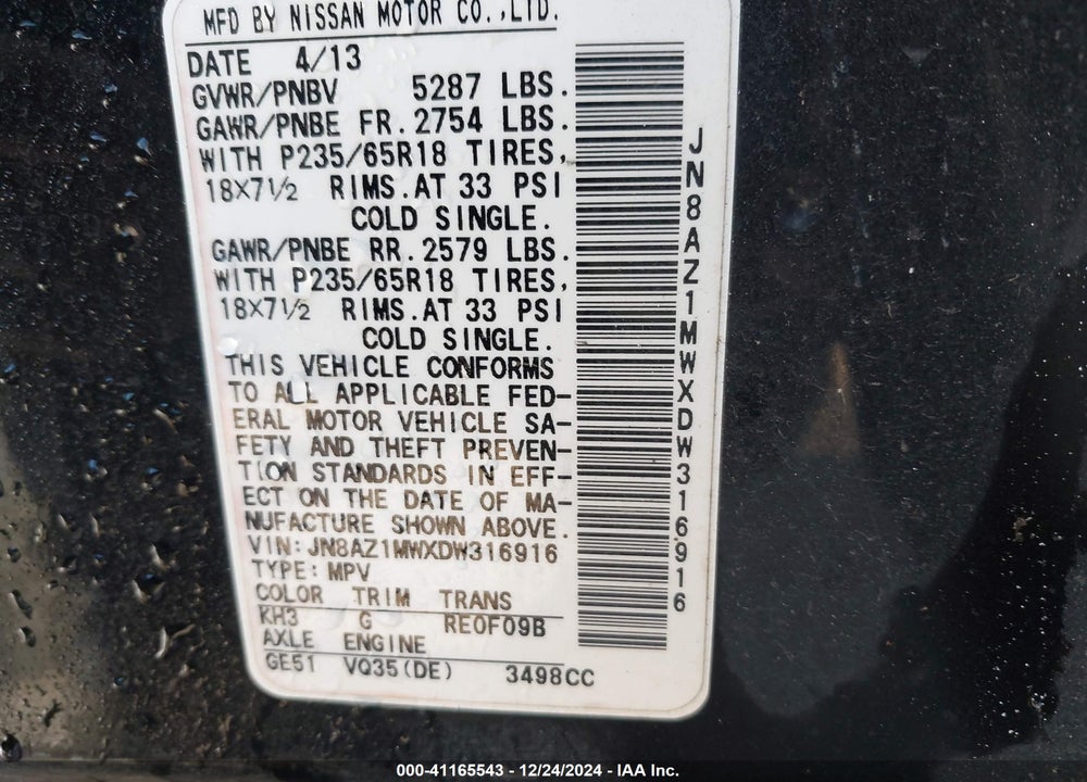 2013 NISSAN MURANO S VIN: JN8AZ1MWXDW316916