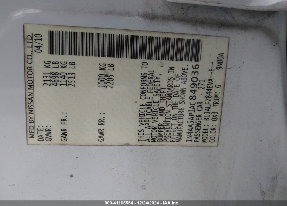 2010 NISSAN MAXIMA VIN: 1N4AA5AP1AC849036