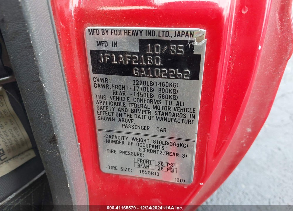 1986 SUBARU STANDARD VIN: JF1AF21B0GA102262