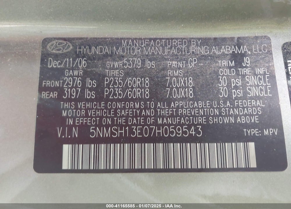 2007 HYUNDAI SANTA FE LIMITED/SE VIN: 5NMSH13E07H059543