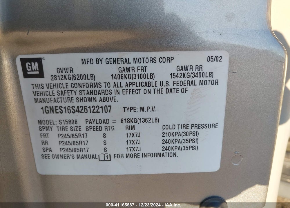 2002 CHEVROLET TRAILBLAZER EXT LT VIN: 1GNES16S426122107
