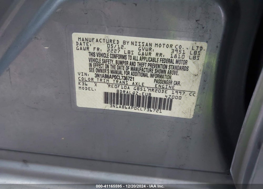2012 NISSAN SENTRA 2.0 VIN: 3N1AB6AP0CL736721