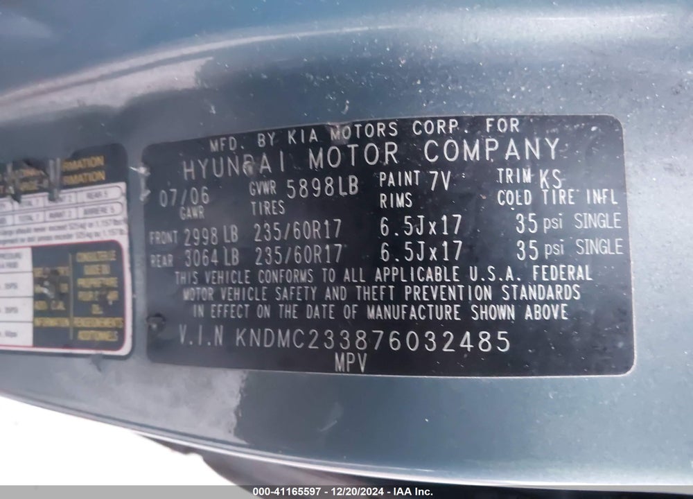 2007 HYUNDAI ENTOURAGE GLS/LIMITED/SE VIN: KNDMC233876032485