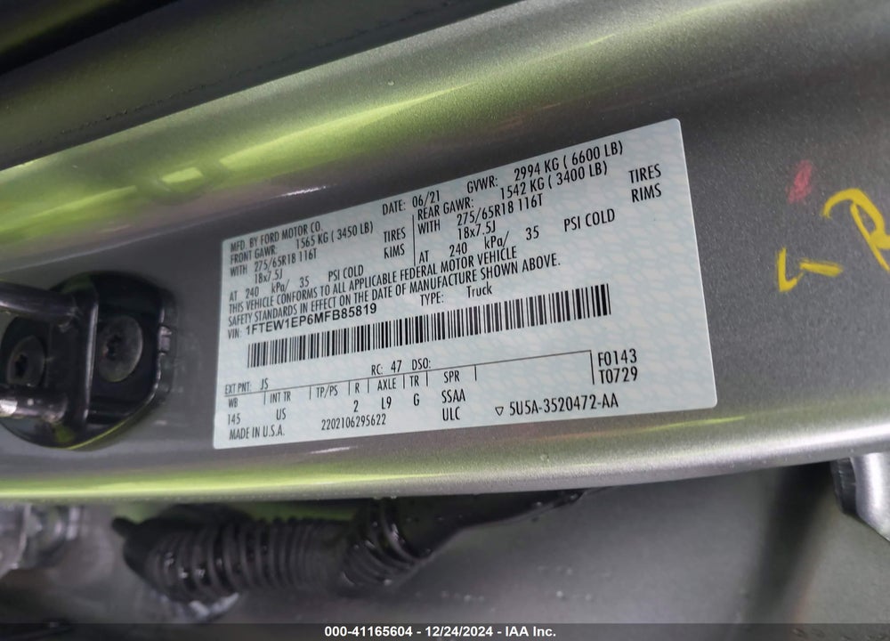 2021 FORD F-150 XLT VIN: 1FTEW1EP6MFB85819