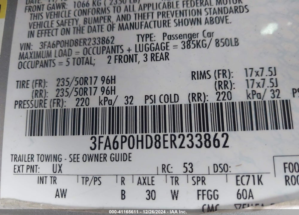 2014 FORD FUSION VIN: 3FA6P0HD8ER233862