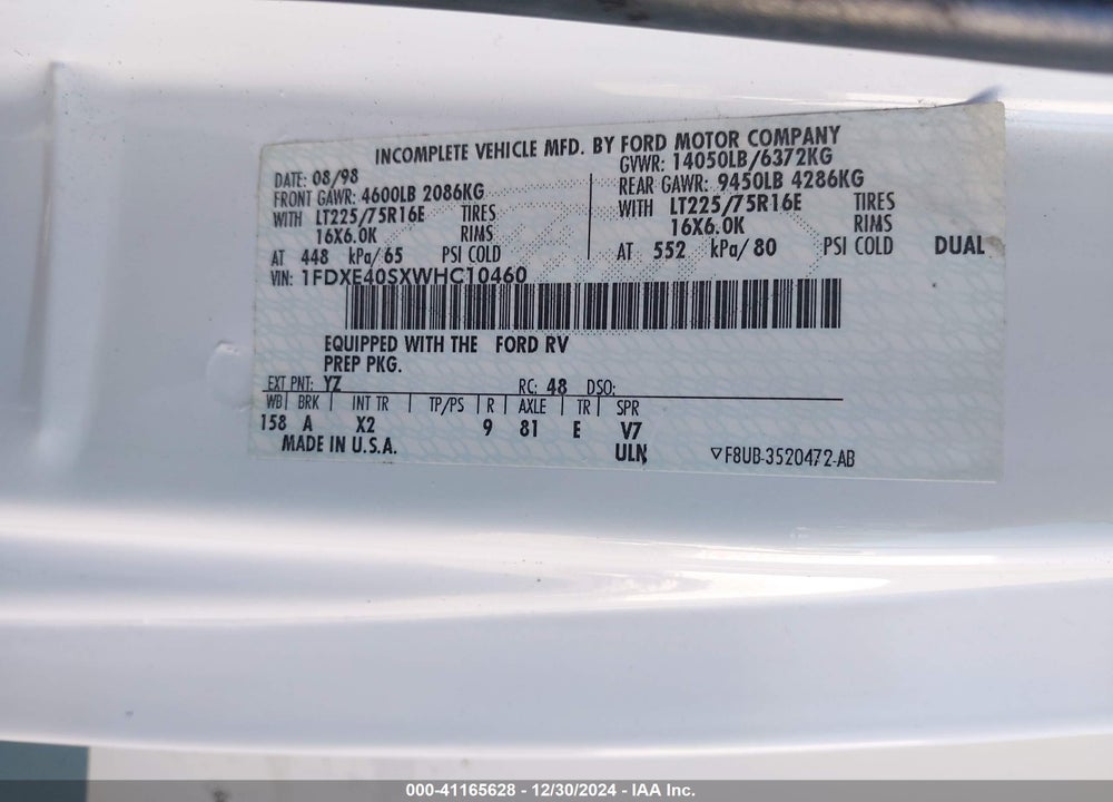 1998 FORD ECONOLINE E450 SUPER DUTY CUTWY  RV VIN: 1FDXE40SXWHC10460