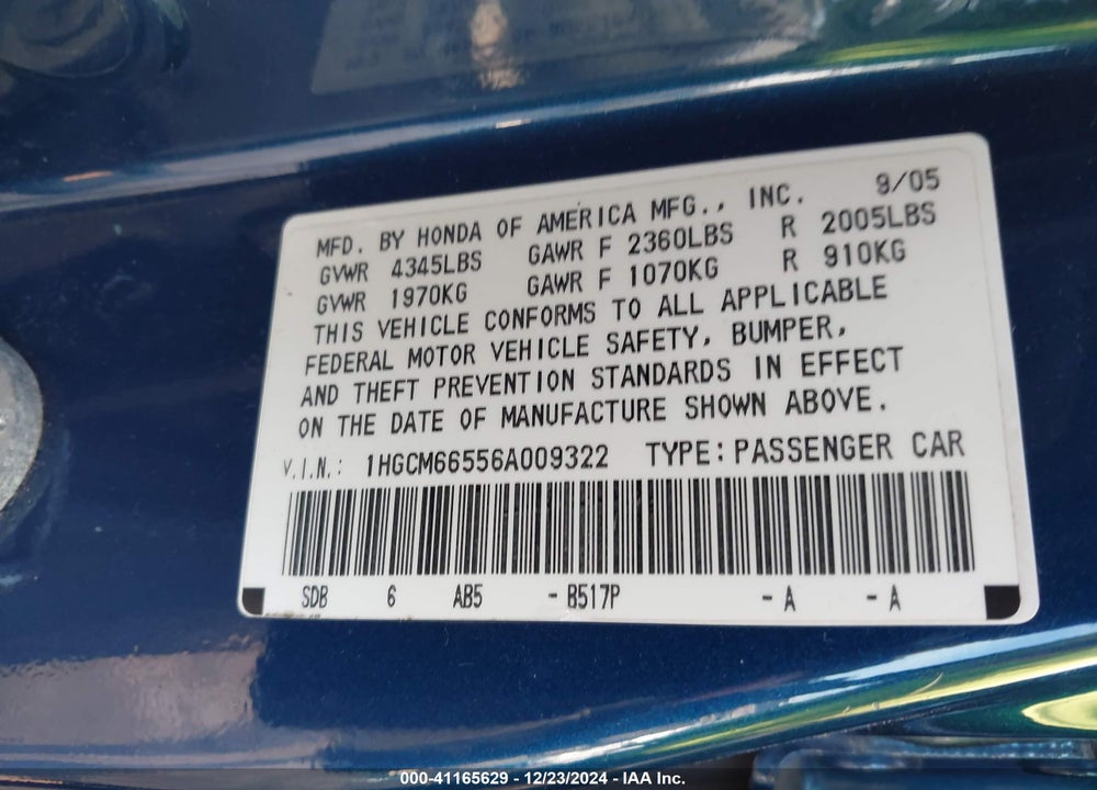 2006 HONDA ACCORD 3.0 EX VIN: 1HGCM66556A009322