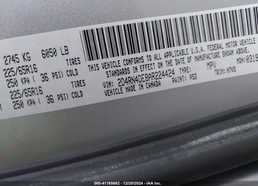 2010 DODGE GRAND CARAVAN SE VIN: 2D4RN4DE8AR224424