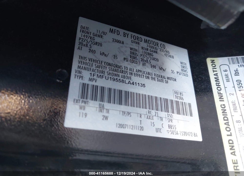 2008 FORD EXPEDITION LIMITED VIN: 1FMFU19558LA41135