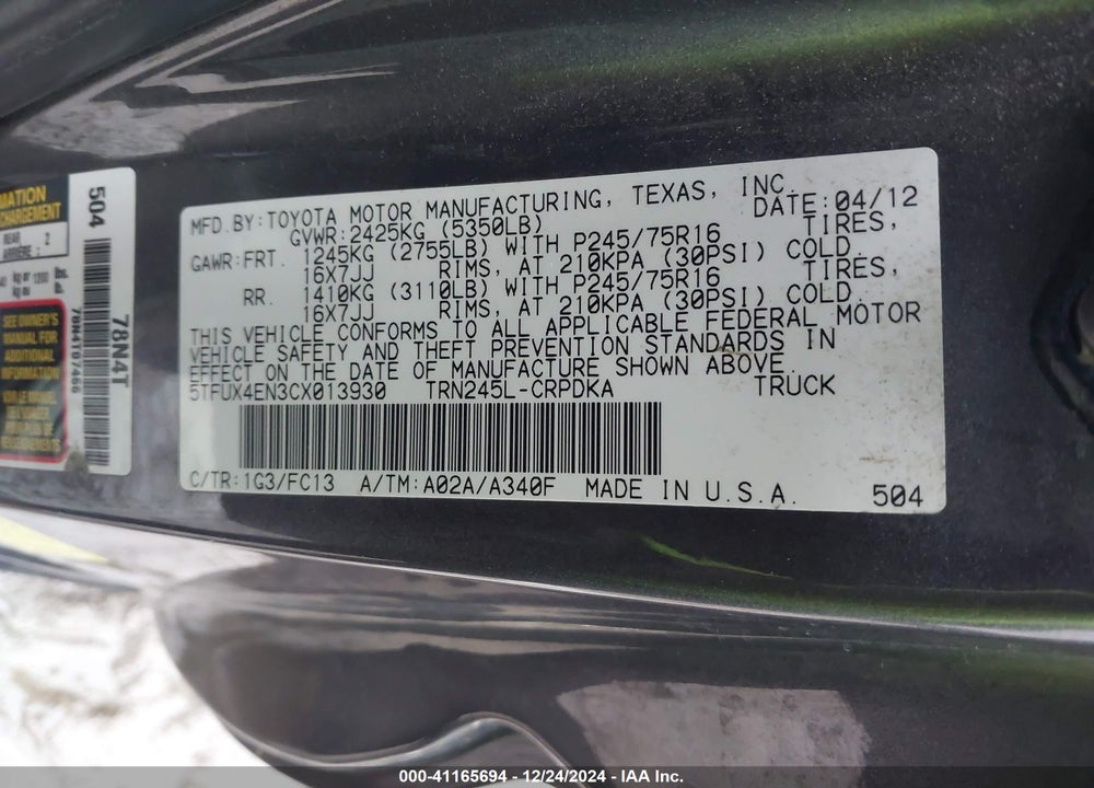 2012 TOYOTA TACOMA ACCESS CAB VIN: 5TFUX4EN3CX013930