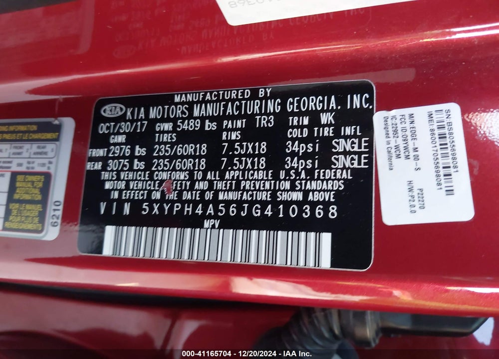 2018 KIA SORENTO 3.3L EX VIN: 5XYPH4A56JG410368
