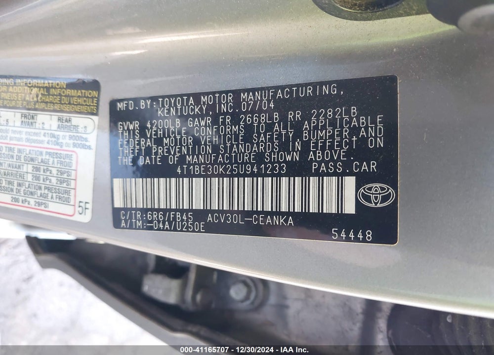 2005 TOYOTA CAMRY LE VIN: 4T1BE30K25U941233