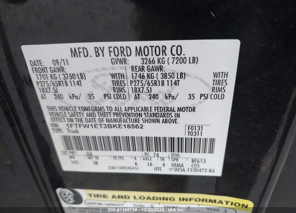 2011 FORD F-150 FX4 VIN: 1FTFW1ET3BKE18562