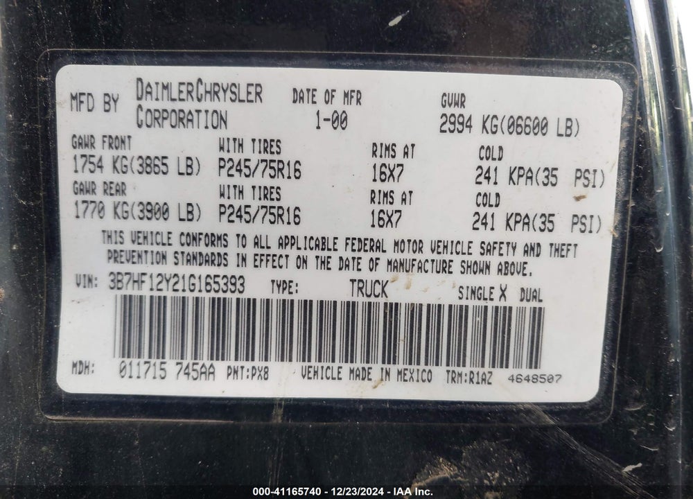 2001 DODGE RAM 1500 ST VIN: 3B7HF12Y21G165393