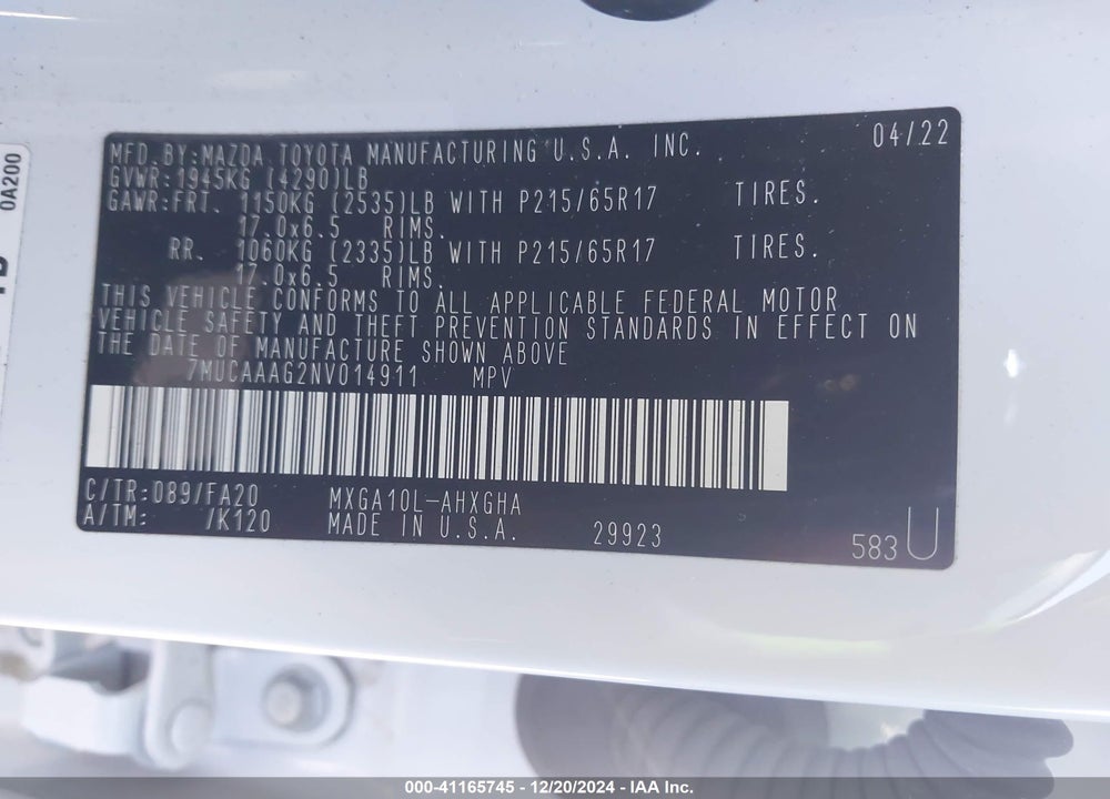 2022 TOYOTA COROLLA CROSS LE VIN: 7MUCAAAG2NV014911
