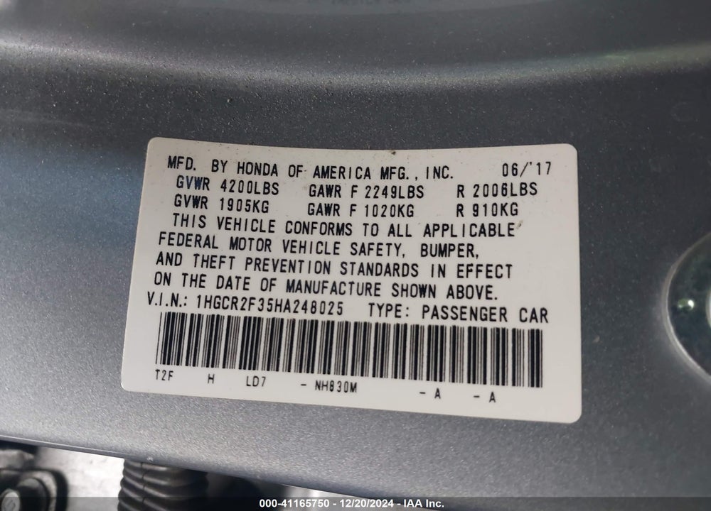 2017 HONDA ACCORD VIN: 1HGCR2F35HA248025