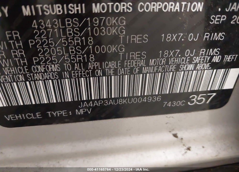 2019 MITSUBISHI OUTLANDER SPORT VIN: JA4AP3AU8KU004936