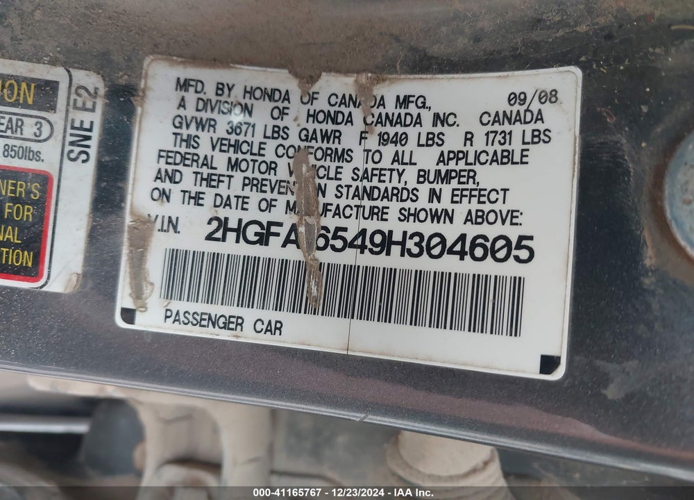 2009 HONDA CIVIC LX VIN: 2HGFA16549H304605