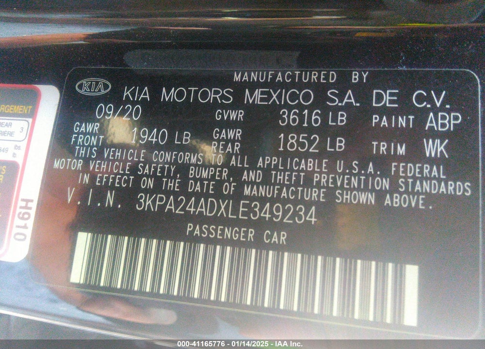 2020 KIA RIO VIN: 3KPA24ADXLE349234