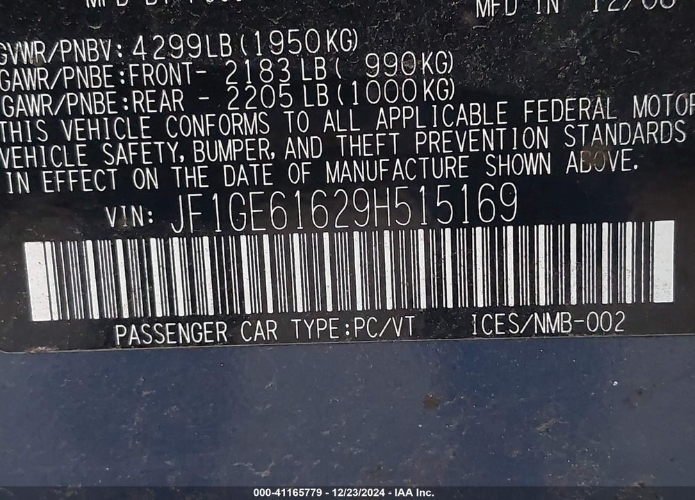 2009 SUBARU IMPREZA VIN: JF1GE61629H515169